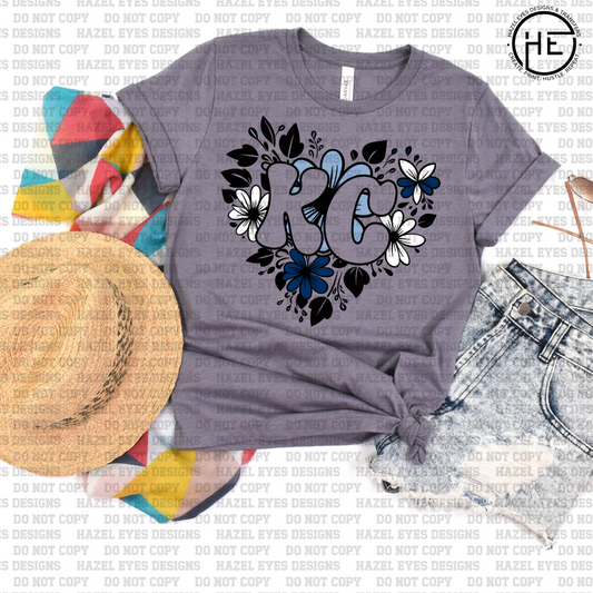 KC Floral Heart Blue Blue DTF Transfer