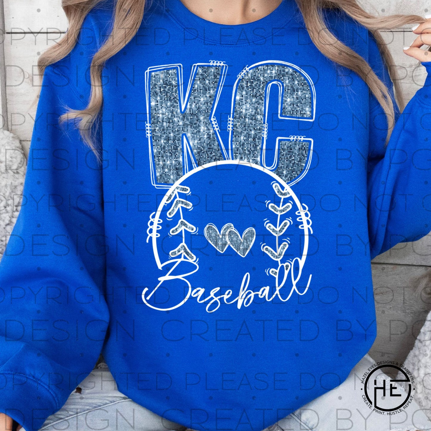 KC Light Blue Glitter Baseball and Hearts - DTF Transfer