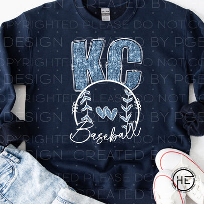 KC Light Blue Glitter Baseball and Hearts - DTF Transfer