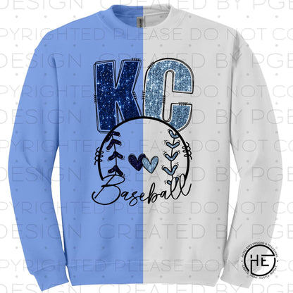 KC Dark Light Blue Glitter Baseball and Hearts - DTF Transfer