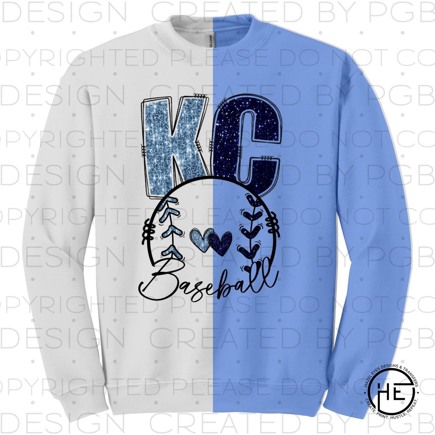 KC Light Dark Blue Glitter Baseball and Hearts - DTF Transfer