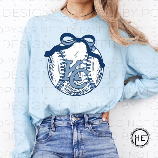 KC Light Blue & Navy Bow Baseball - DTF Transfer