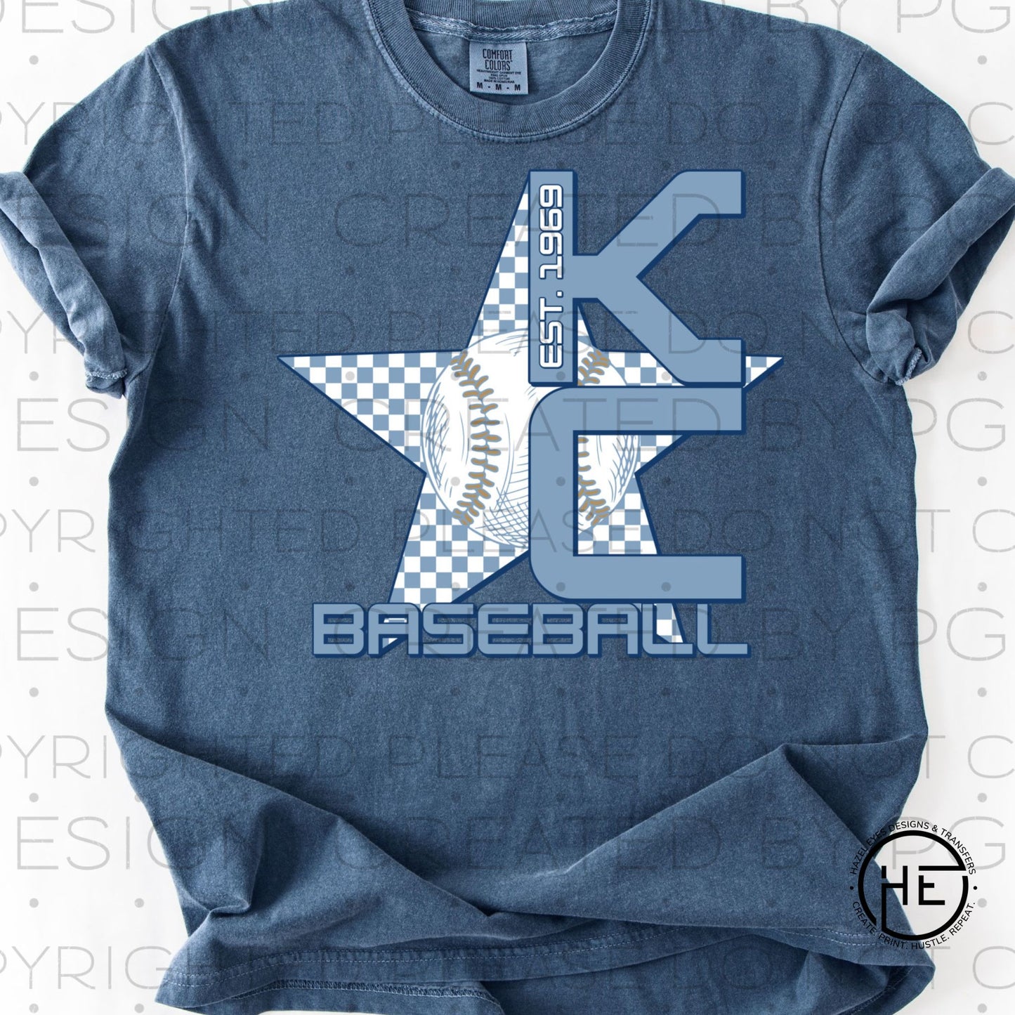 KC Light Blue Checker Star Baseball- DTF Transfer