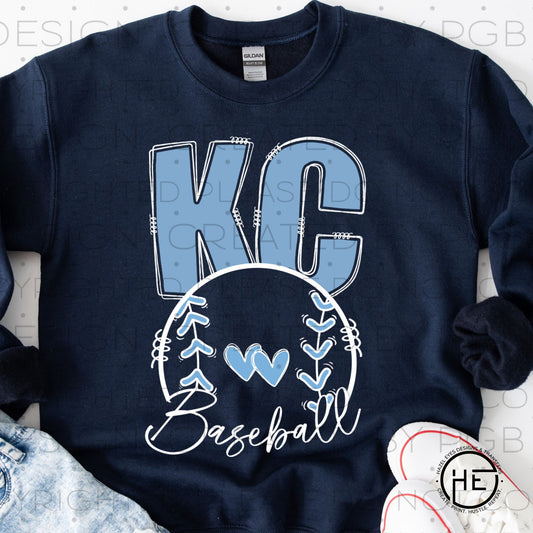 KC Light Blue Baseball and Hearts - DTF Transfer