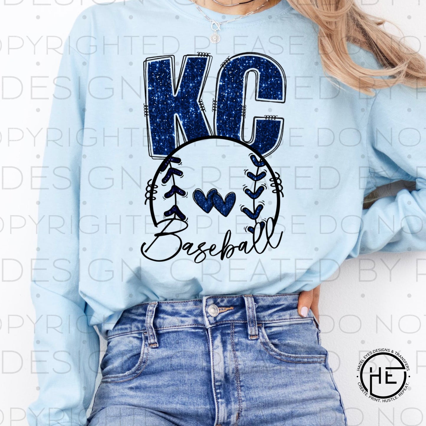 KC Royal Blue Glitter Baseball and Hearts - DTF Transfer